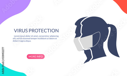 Virus protection banner with Man and Woman profile face silhouette in medical mask. Coronavirus prevention concept. Vector illustration.