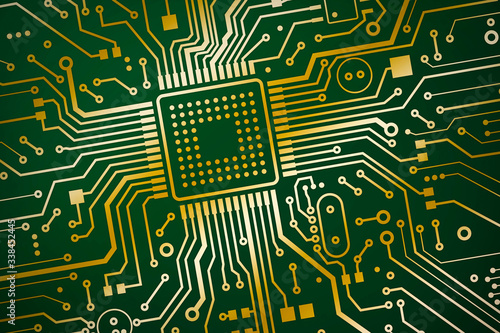 Information technologies. Microchip on circuit board, top view. Illustration