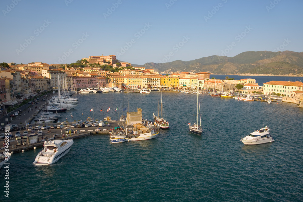 Elevated view of harbor of Portoferraio, Province of Livorno, on the island of Elba in the Tuscan Archipelago of Italy, Europe, where Napoleon Bonaparte was exiled in 1814