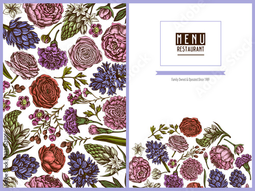 Menu cover floral design with colored peony, carnation, ranunculus, wax flower, ornithogalum, hyacinth