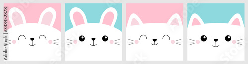 Pet baby print for notebook cover, greeting card. White cat rabbit bunny head face square icon set line. Cute cartoon kawaii funny character. Happy Valentines Day. Flat design. Blue pink background.