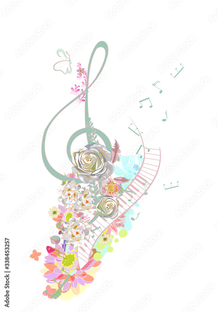 Fototapeta premium Abstract treble clef decorated with summer and spring flowers, notes. Hand drawn vector illustration.