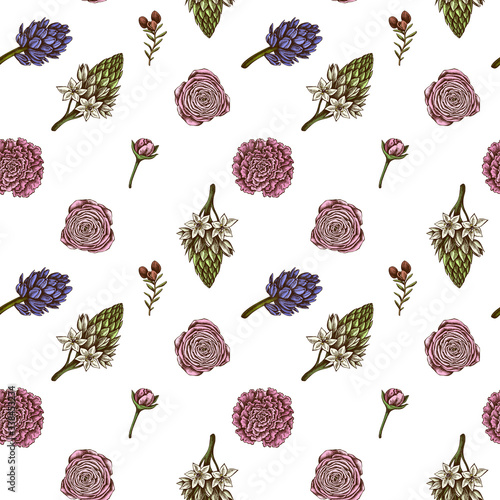 Seamless pattern with hand drawn colored peony, carnation, ranunculus, wax flower, ornithogalum, hyacinth