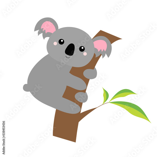 Koala bear face head on the tree branch. Cute cartoon funny baby character. Gray silhouette. Kawaii animal. Notebook cover, t-shirt print. Love Greeting card. Flat design. White background.