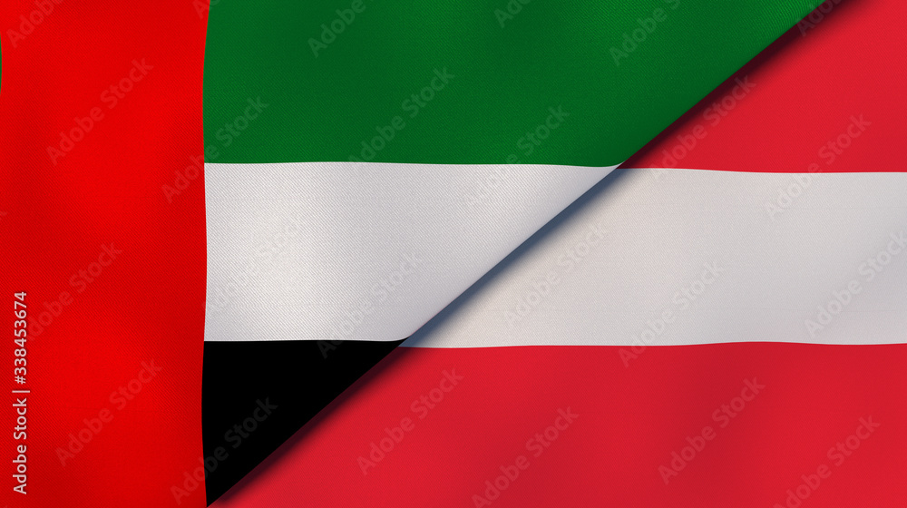 The flags of United Arab Emirates and Austria. News, reportage, business background. 3d illustration