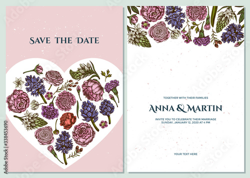 Wedding invitation card with colored peony, carnation, ranunculus, wax flower, ornithogalum, hyacinth