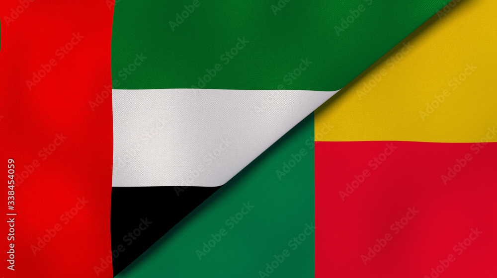The flags of United Arab Emirates and Benin. News, reportage, business background. 3d illustration