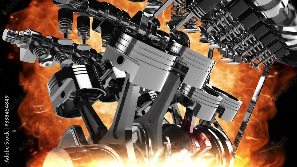 CG animation of a working V8 engine with start stop button. Pressing ...