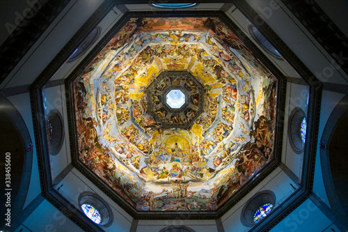 Interior view of Last Judgment Fresco Cycle in dome of Cathedral of Santa Maria del Fiore, The Duomo, Florence, Italy, Europe photo