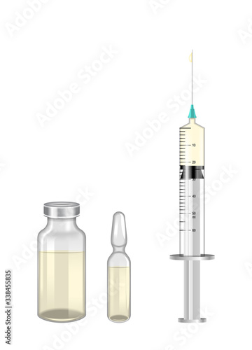 Medical Syringe with Needle and Vials, Ampoules. Vaccination, Vaccine, Injection. Isolated
