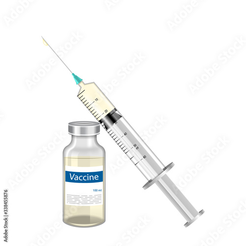 Plastic Medical Syringe with Needle and Vial. Vaccination, Vaccine, Injection. Isolated