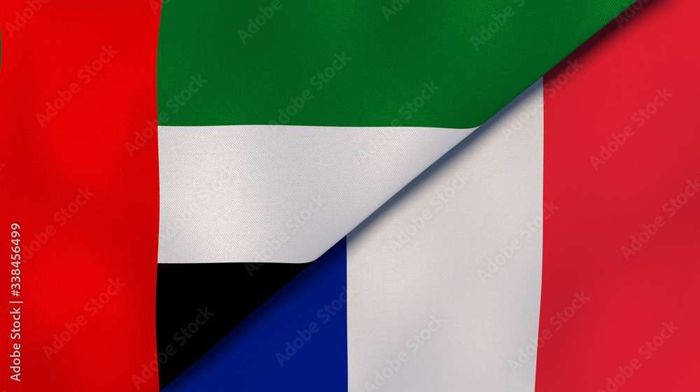 The flags of United Arab Emirates and France. News, reportage, business background. 3d illustration The flags of United Arab Emirates and France. News, reportage, business background. 3d illustration