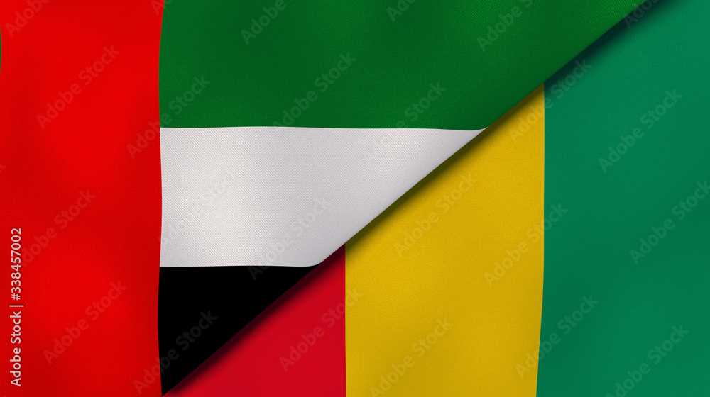 Obraz premium The flags of United Arab Emirates and Guinea. News, reportage, business background. 3d illustration