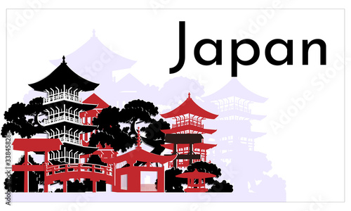 Vector banner with traditional japanese architecture. Silhouettes Japanese interest in a flat style. Vector illustration of pagodas and torii gate.