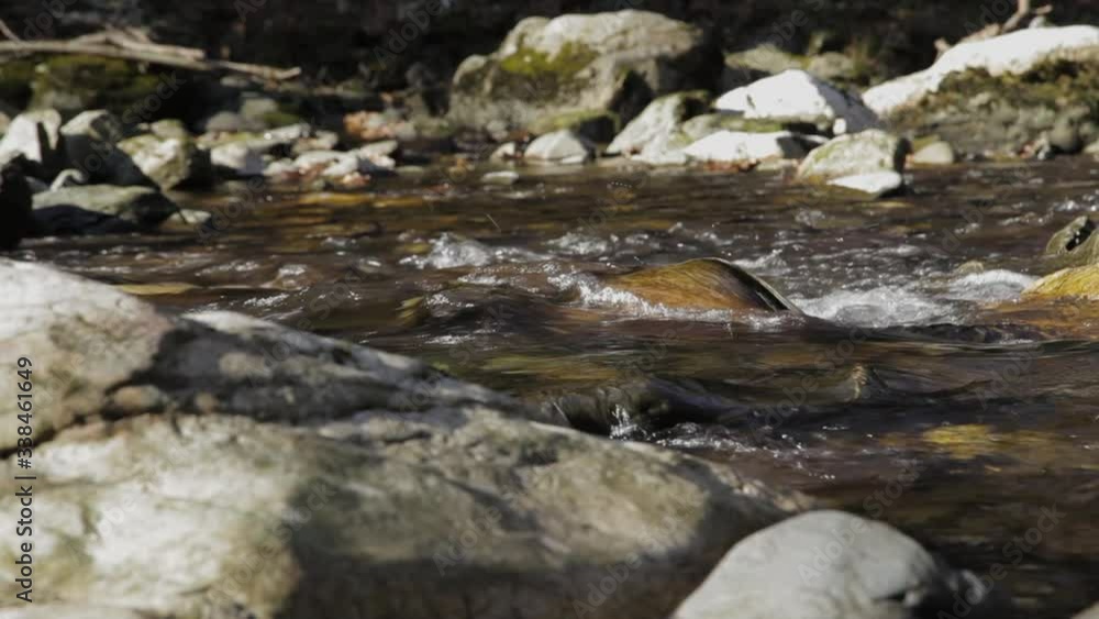 Slider shot of water flowing over rocks in small river bed Slider shot of water flowing over rocks in small river bed