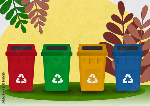 Separate collection of garbage, bright colored garbage containers for waste, plants. The concept of environment,