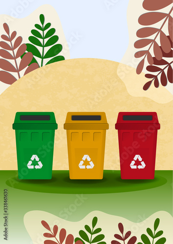 Separate collection of garbage, bright colored garbage containers for waste, plants. The concept of environment,