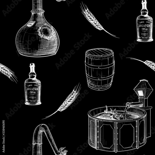 Whiskey making process from grain to bottle. Pieces of equipment. Seamless pattern. White line sketch isolated on black background. EPS10 vector illustration.