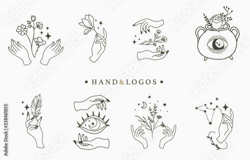 Beauty occult logo collection with hand,geometric,crystal,moon,star,flower.Vector illustration for icon,logo,sticker,printable and tattoo