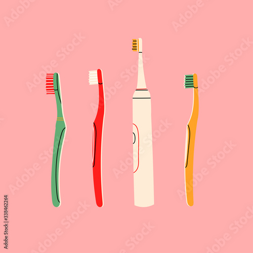 Mouth cleaning tools. Set of various Toothbrushes. Dental hygiene, Oral care, healthcare concept. Side view. Hand drawn colored Vector illustration. All elements are isolated