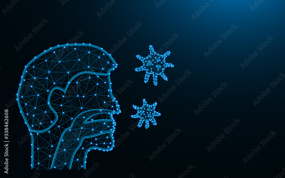 Man with respiratory system and germs made from points and lines on dark blue background, respiratory infection wireframe mesh polygonal vector illustration Man with respiratory system and germs made from points and lines on dark blue background, respiratory infection wireframe mesh polygonal vector illustration