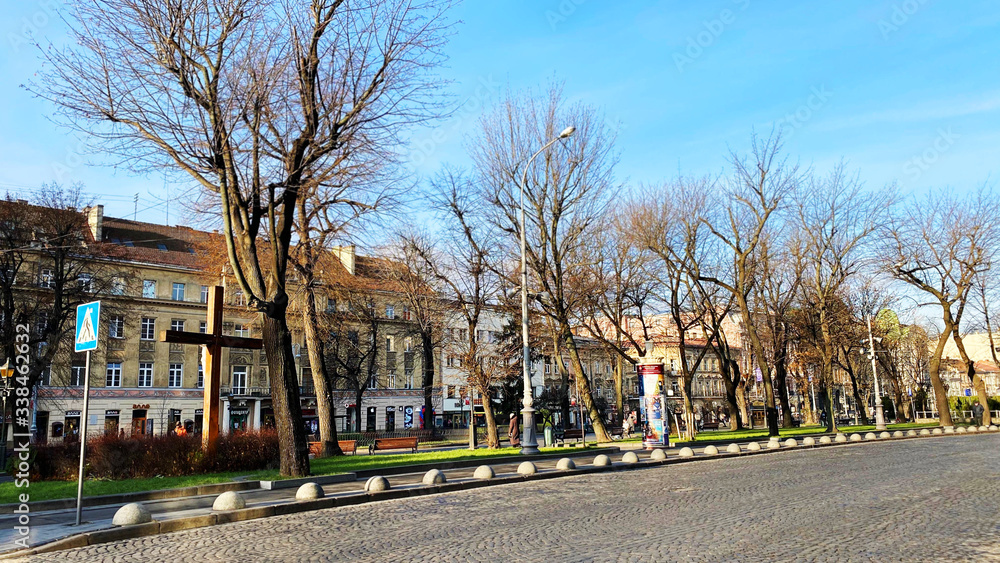 Old buildings and trees in the historic part of Lviv, Ukraine
