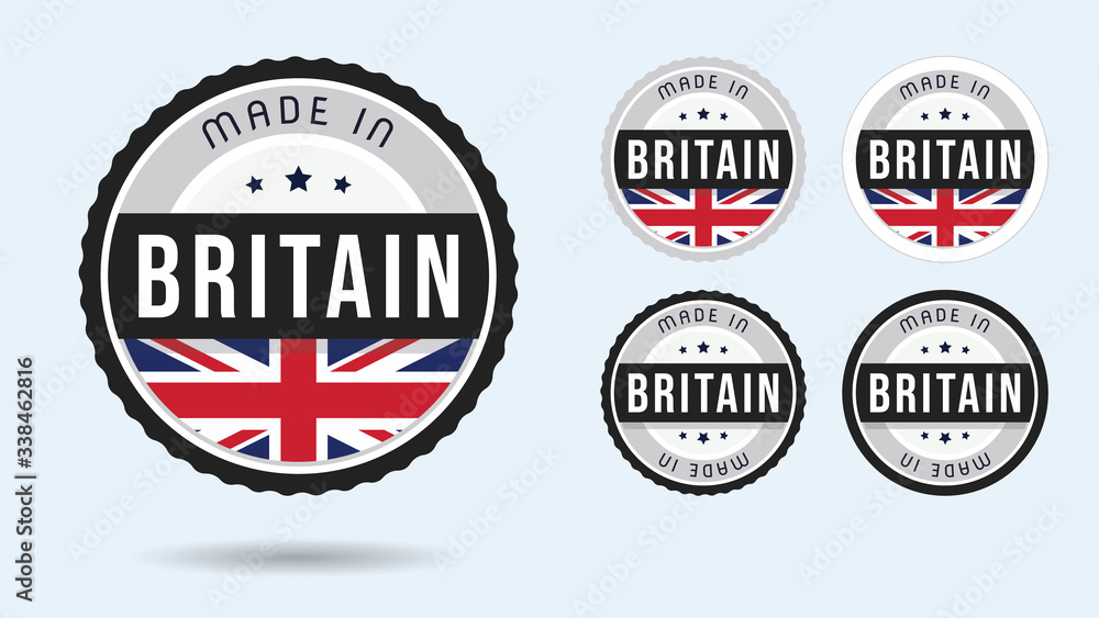 Made in Britain. Set of labels and badges. Merchandise tag with British flag.