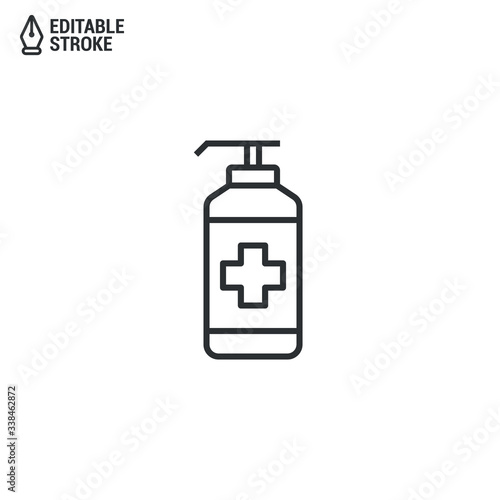 Icon Of A Sanitizer Gel. Bottle With Sanitizer Isolated On White Background. Concept Of Antibacterial Gel. Outline Vector Icon With Editable Strokes
