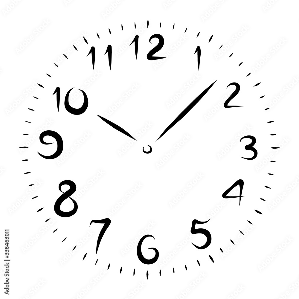 Watch round dial with numbers from the contour black brush lines different thickness on white background. Vector illustration. Watch round dial with numbers from the contour black brush lines different thickness on white background. Vector illustration.