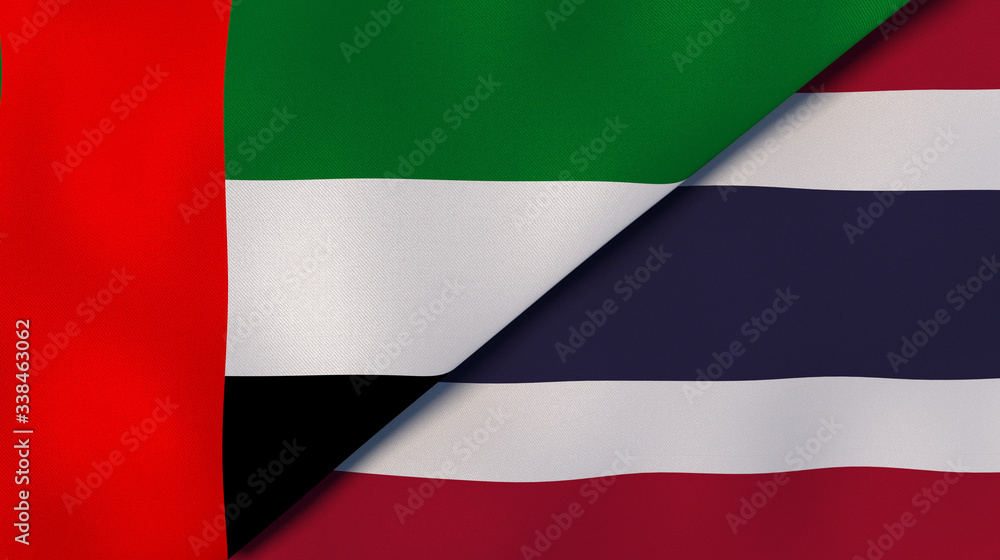 Fototapeta premium The flags of United Arab Emirates and Thailand. News, reportage, business background. 3d illustration