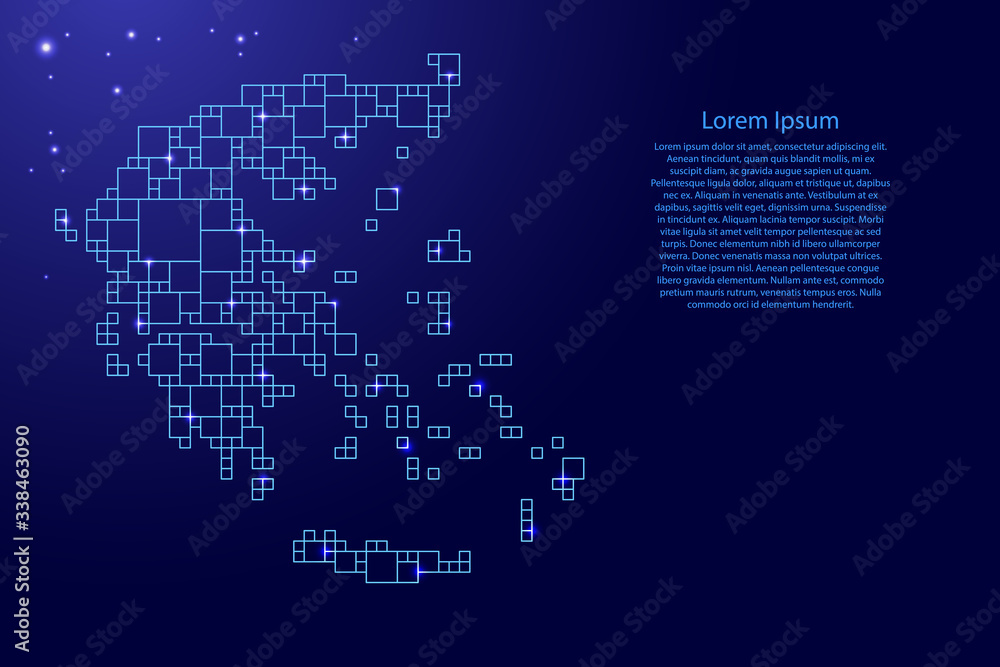 Greece map from blue pattern from a grid of squares of different sizes and glowing space stars. Vector illustration. Greece map from blue pattern from a grid of squares of different sizes and glowing space stars. Vector illustration.