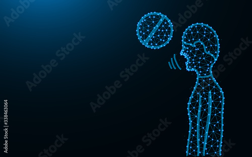No speak prohibition sign made from points and lines on dark blue background, Keep quiet wireframe mesh polygonal vector illustration