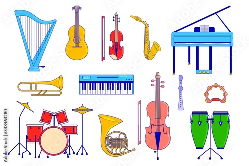 Musical instrument set isolated on white, guitar, piano and drums in flat style, vector illustration. Instrumental music, harp, violin, saxophone and fiddle icons. Simple collection musical instrument