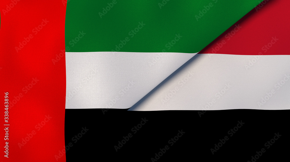 The flags of United Arab Emirates and Yemen. News, reportage, business background. 3d illustration The flags of United Arab Emirates and Yemen. News, reportage, business background. 3d illustration