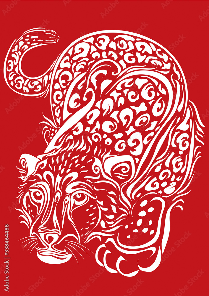 Fototapeta premium stylized leopard in white on a red background sneaking, isolated object on a white background, vector illustration,