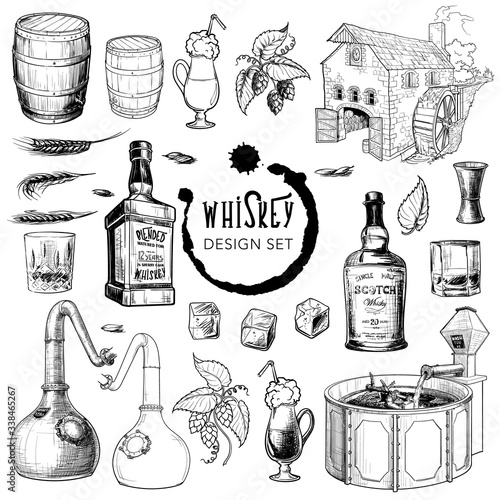 Whiskey related design elements set. Useful for bar pub or distillery branding and decoration. Hand drawn sketch style objects isolated on white background. EPS10 vector illustration