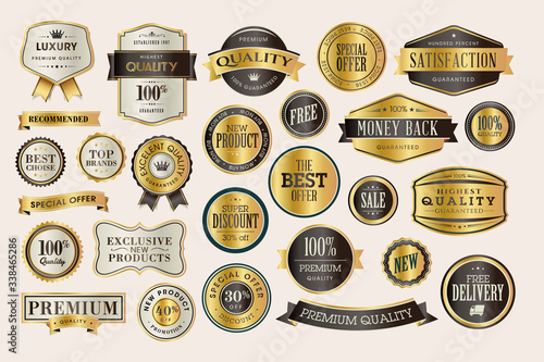 Set of luxury labels and stickers for sale. Vector illustrations for graphic and web design, marketing material, product promotion, social media and online shopping.