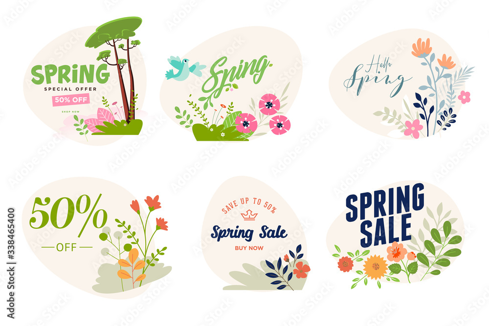 Spring sale labels collection. Vector illustrations of beauty, fashion, cosmetics, for graphic and web design, marketing material, product promotion, social media and online shopping.