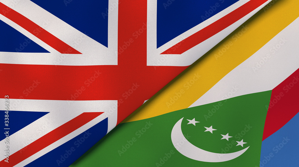 The flags of United Kingdom and Comoros. News, reportage, business background. 3d illustration The flags of United Kingdom and Comoros. News, reportage, business background. 3d illustration