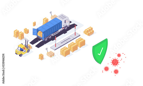 Isometric warehouse covid-19 safety logistic service transport box package goods food parcel cargo vector illustration