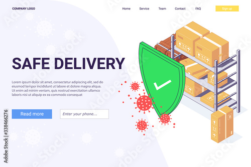 Covid-19 coronavirus safety service fast delivery transportation box package goods food parcel cargo vector illustration