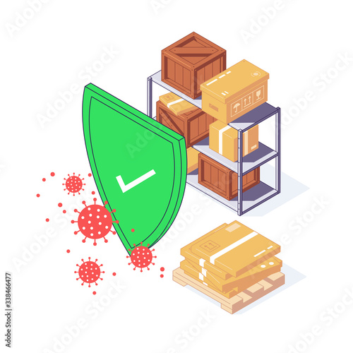 Isometric coronavirus safety service express delivery box package food parcel cargo and goods vector illustration