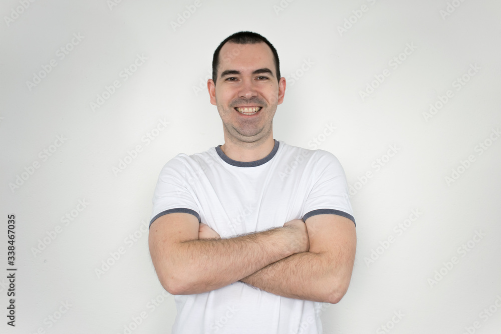 Fototapeta premium white male man smile white tshirt happy young portrait fit closeup 