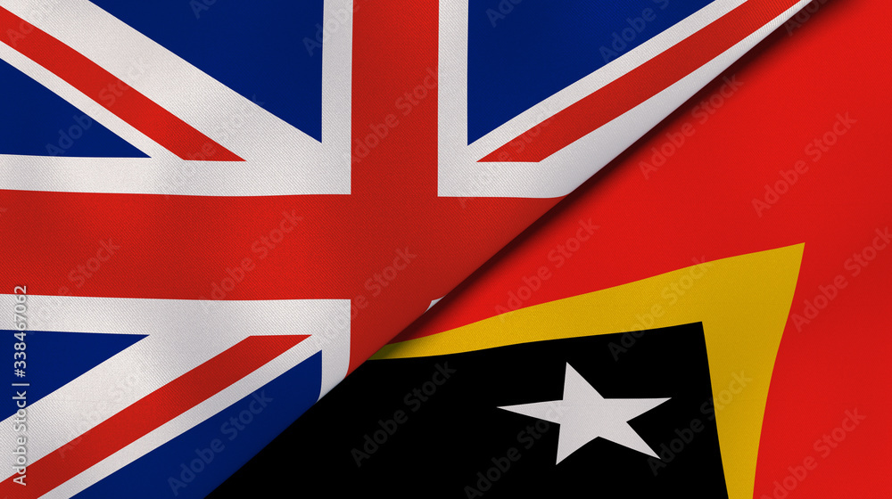 The flags of United Kingdom and East Timor. News, reportage, business background. 3d illustration