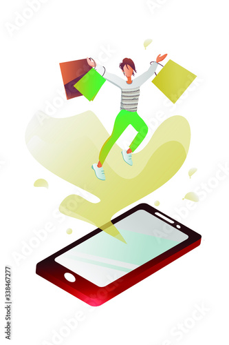 Women with shopping bags jumping out of a red 3D phone. online shopping. black Friday . sales