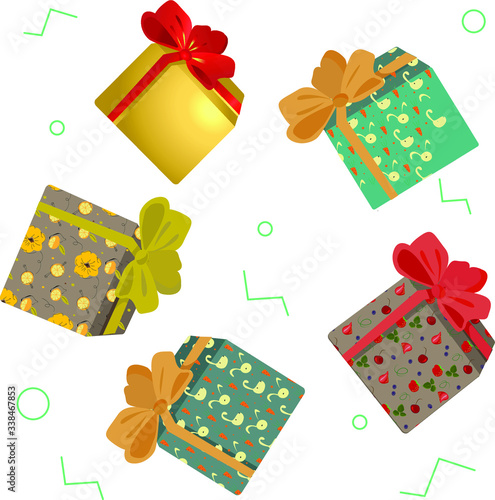set of gift boxes in paper with a pater pattern and a large bow