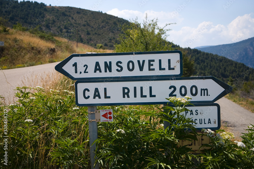 Road signs to Ansovell and Cal Rill Medieval villages in Pyrenees Mountains, near La Seu d'Urgell, Cataluna, province of Lleida, off N-260 Road, Spain, Europe