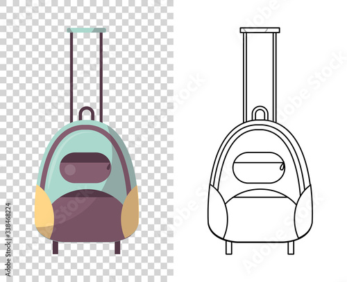 Childish cute bag for trips. Wheeled child handle travel bag. Backpack for school children, students, travelers or tourists. Fashionable bag for kids and adults
