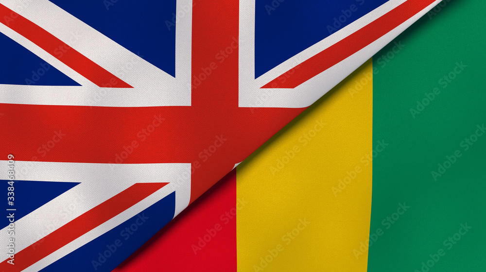 The flags of United Kingdom and Guinea. News, reportage, business background. 3d illustration The flags of United Kingdom and Guinea. News, reportage, business background. 3d illustration