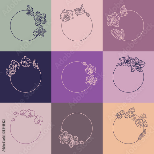 Set of orchid flower frames and monogram concept in minimal linear style. Vector floral logo